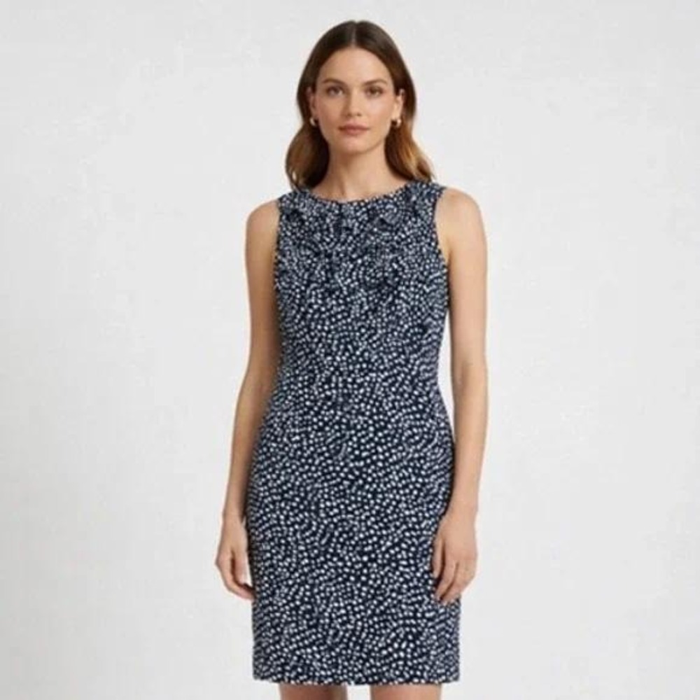 Adrianna Papell Petite Navy Blue Polka Dot Ruffle Front Sleeveless Dress 2
